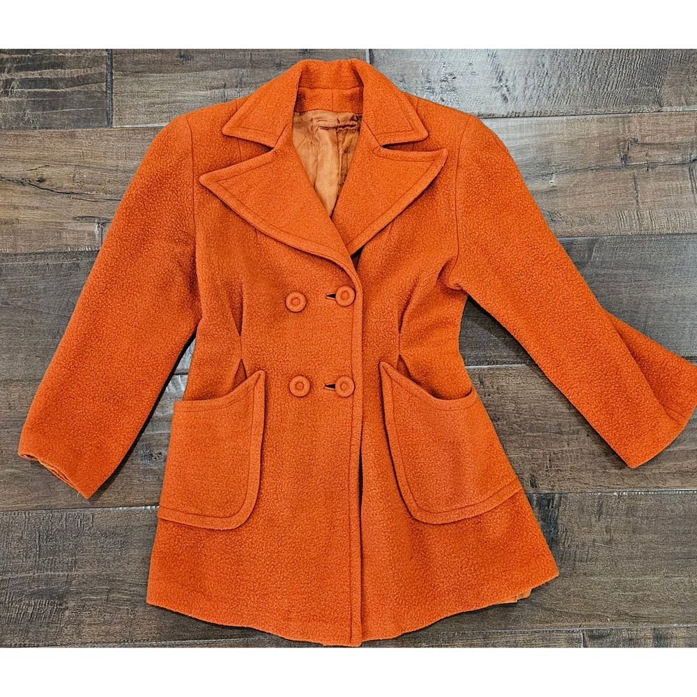 RARE Vtg Burnt Orange Wool Double Breasted Pea Coat Pleated Back Mod Retro 50's